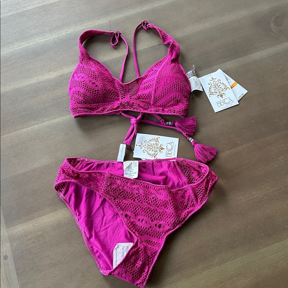 NWT Becca by Rebecca Virtue | Adela Crochet Swim Bikini | Set | Magenta | Small